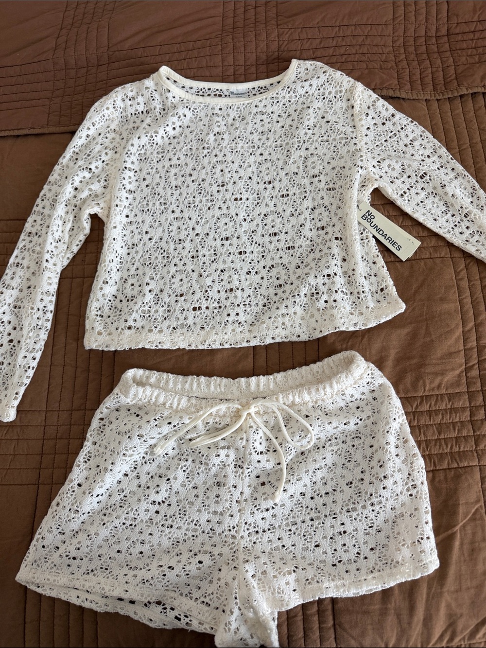 No Boundaries White Crochet Swim Coverup Set - Long Sleeve Top & Shorts - Size S